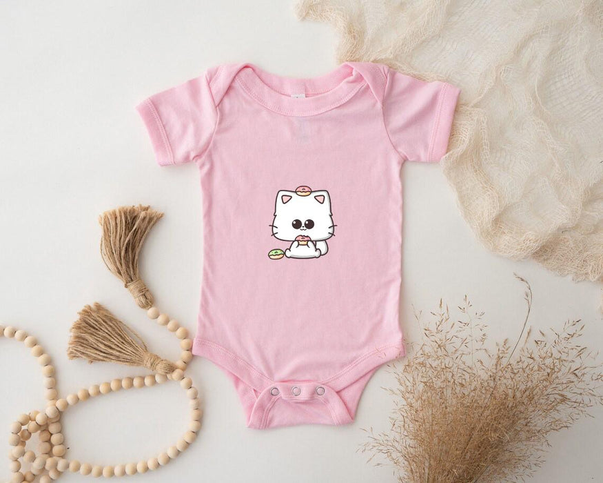 a pink bodysuit with a white cat on it