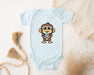 a baby bodysuit with a cartoon monkey on it