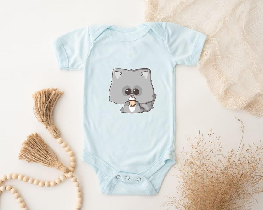 a baby bodysuit with a koala holding a cup of coffee