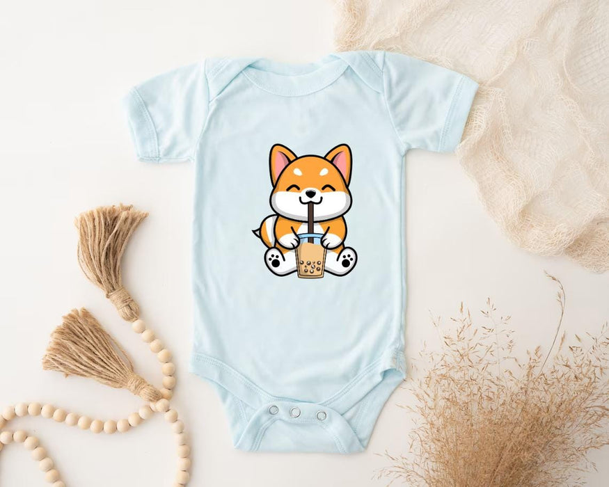 a baby bodysuit with a picture of a fox holding a drink