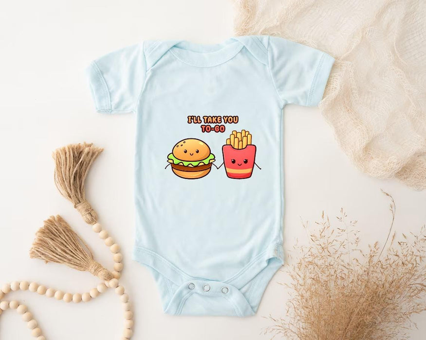 a baby bodysuit with a hamburger and fries on it
