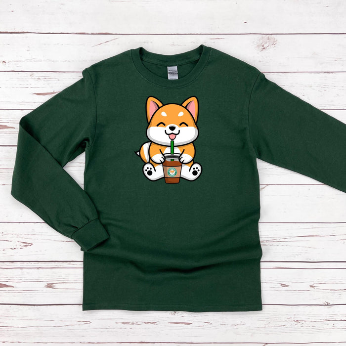 a green shirt with a cartoon cat holding a cup of coffee