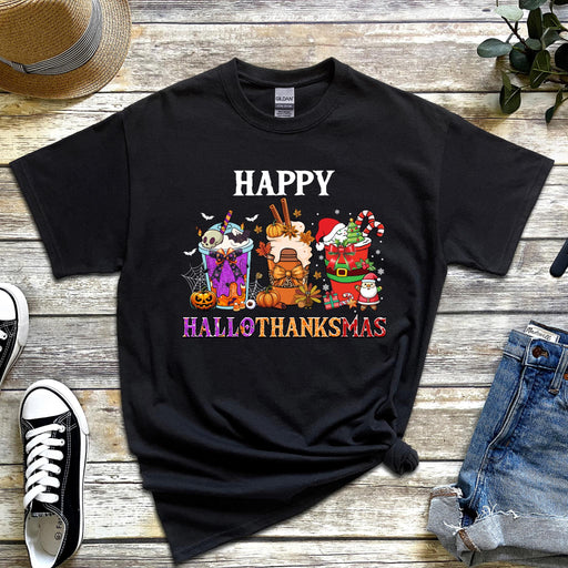 a black t - shirt with a happy halloween design