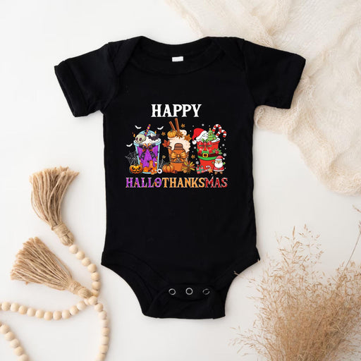 a black baby bodysuit with a happy halloween design