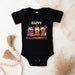 a black baby bodysuit with a happy halloween design