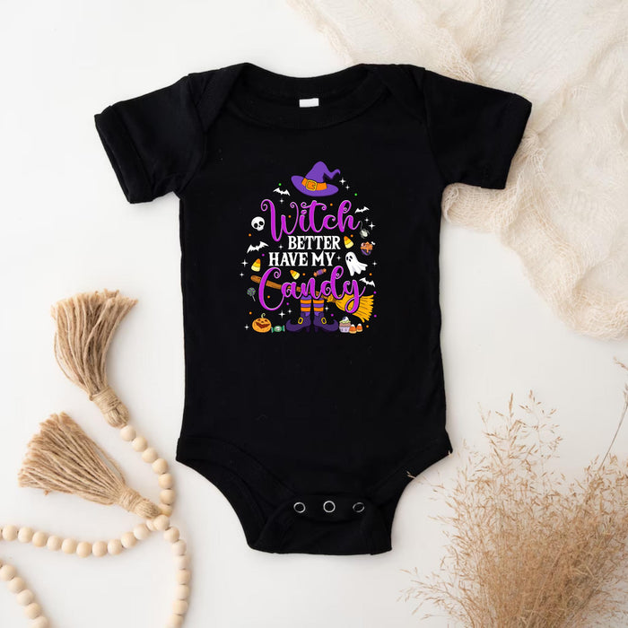 a black bodysuit with a witch saying on it