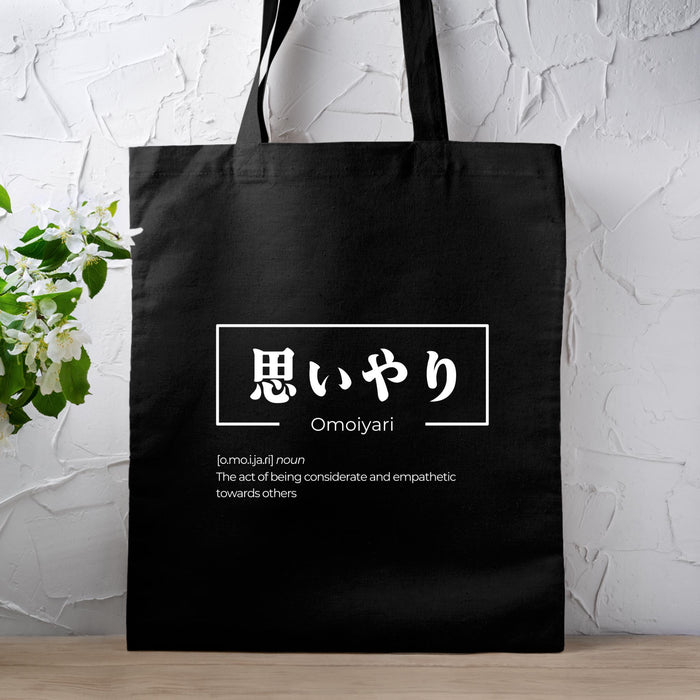 a black tote bag sitting on top of a wooden table