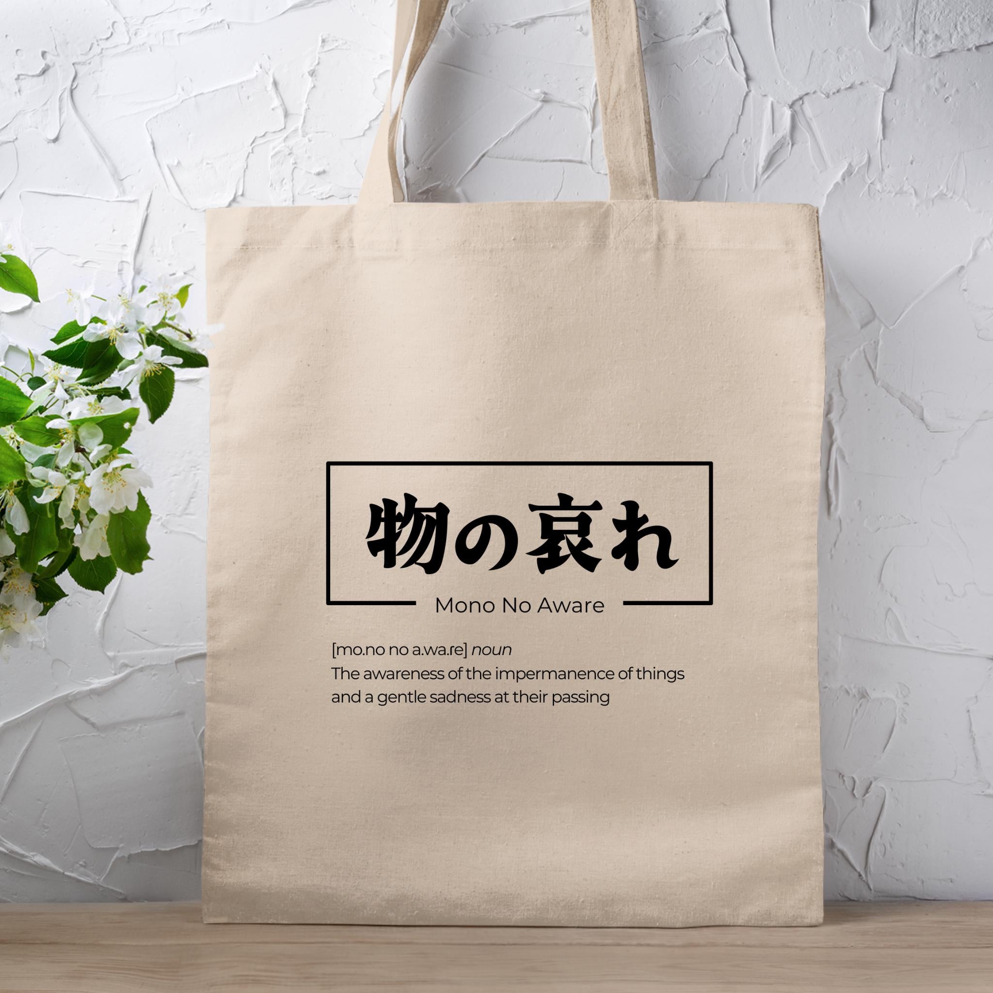 a tote bag sitting on top of a wooden table