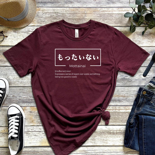a maroon tshirt with japanese writing on it