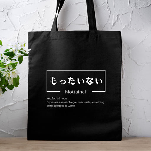 a black tote bag sitting on top of a wooden table