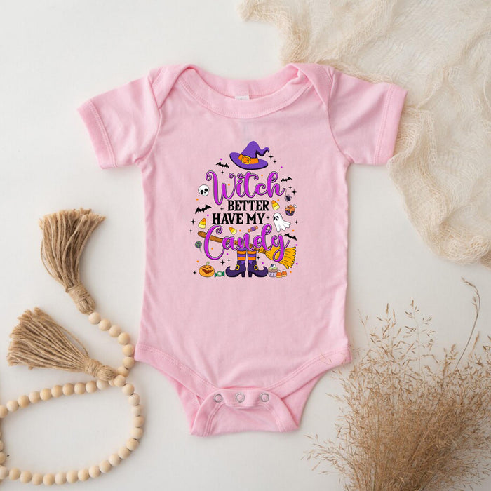 a baby bodysuit that says witch have my trick on it