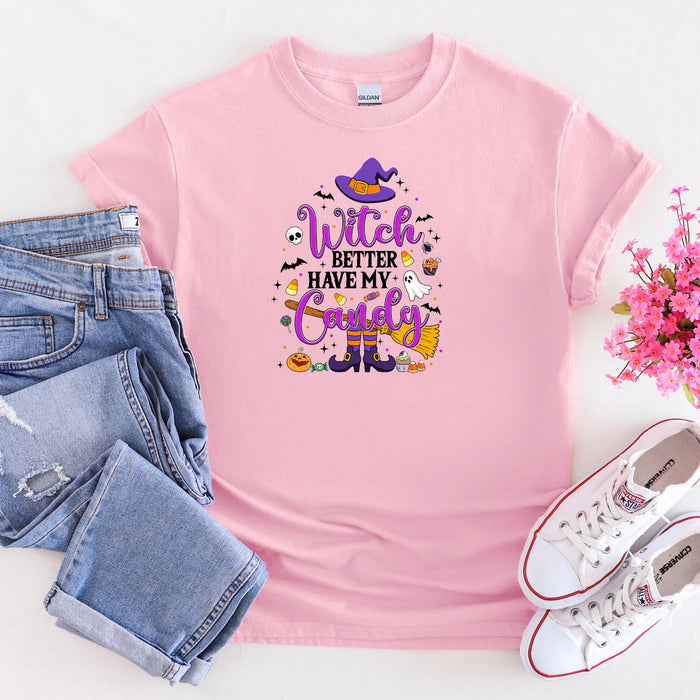 a pink t - shirt that says witch better have my candy