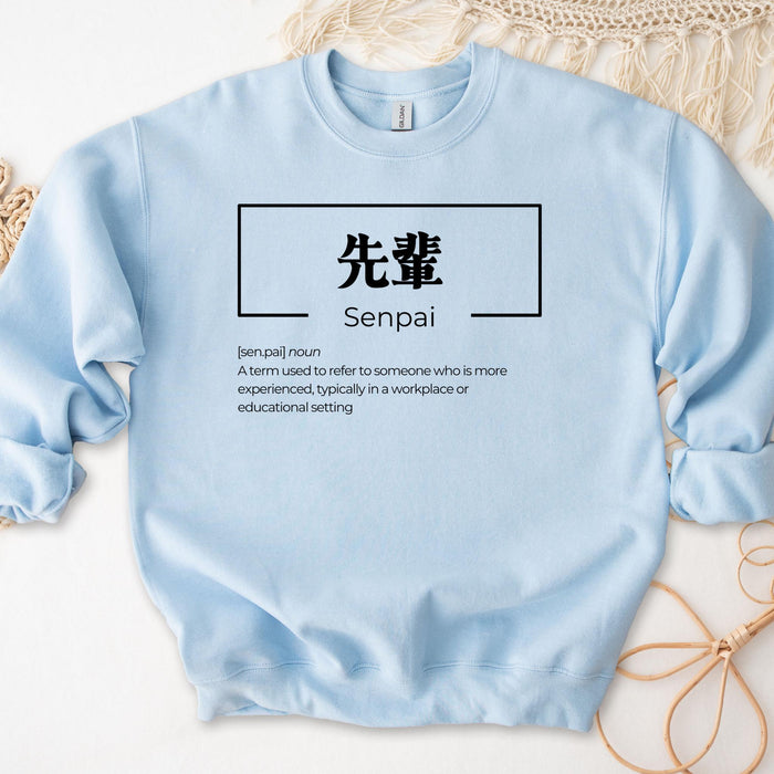 a light blue sweatshirt with the words sempai on it