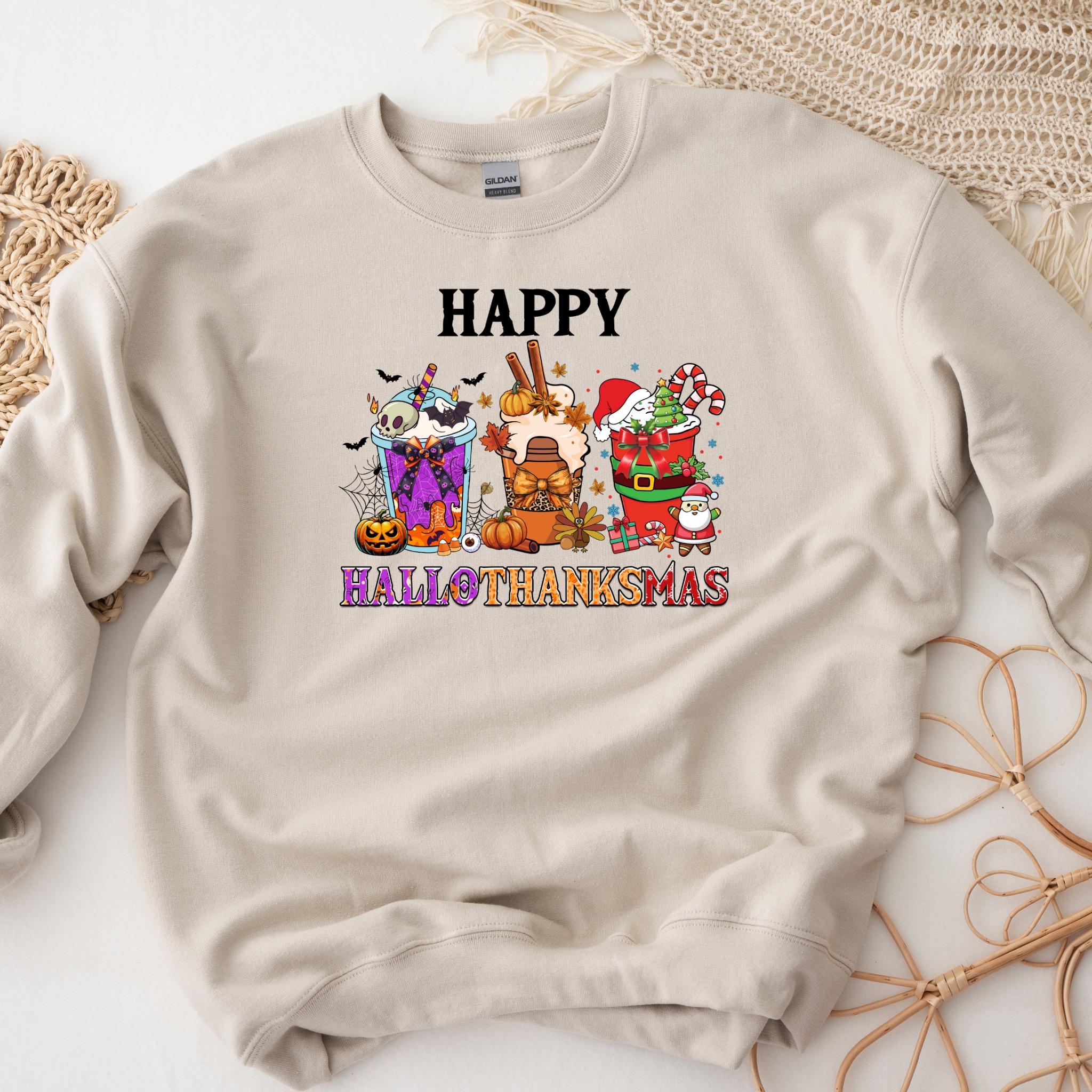 a white sweatshirt with a happy thanksgiving design on it
