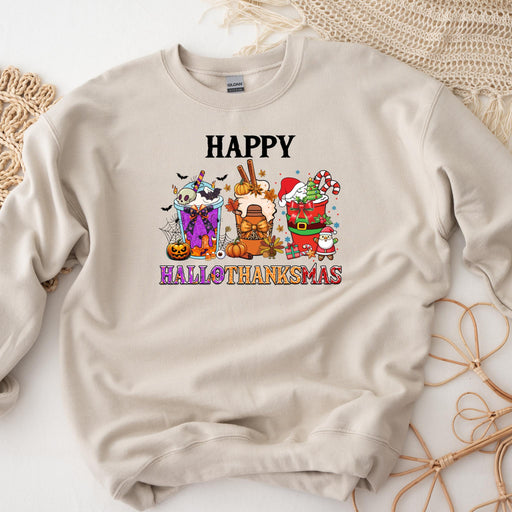 a white sweatshirt with a happy thanksgiving design on it