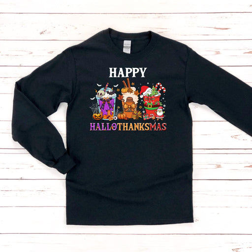 a black long sleeve shirt with a happy halloween design