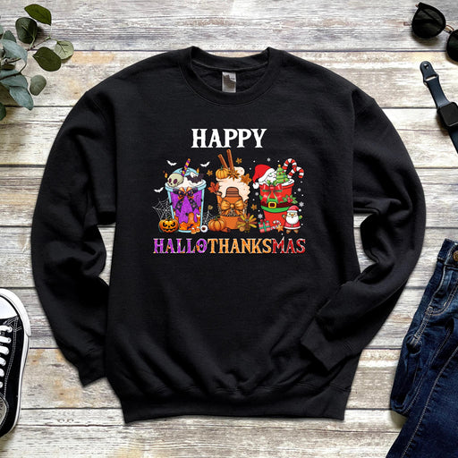 a black sweatshirt with a happy halloween design on it