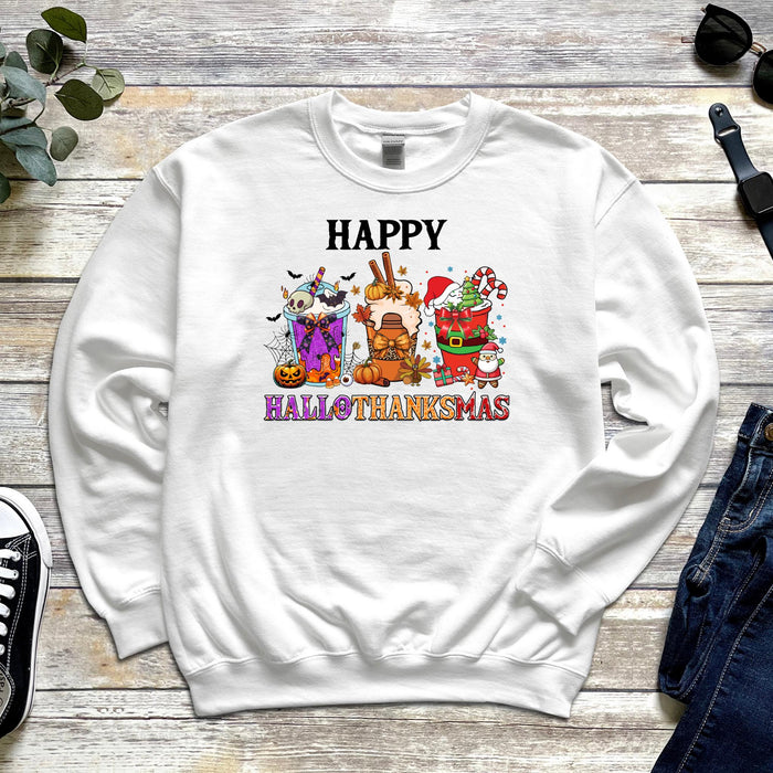 a white sweatshirt with the words happy halloween on it