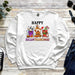 a white sweatshirt with the words happy halloween on it