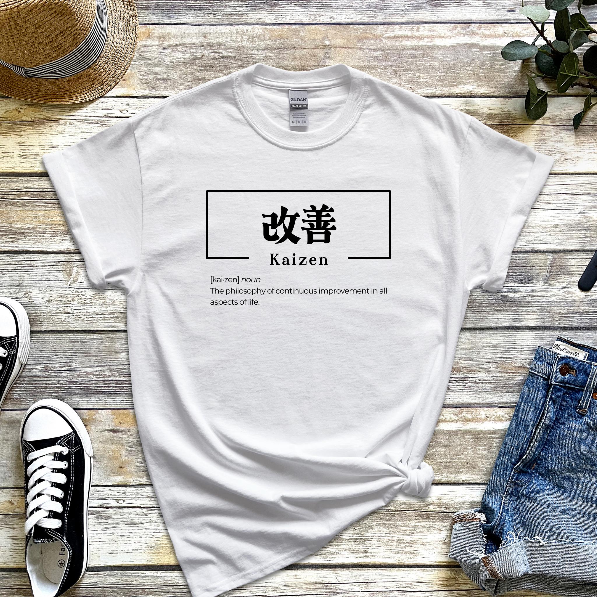 a white t - shirt with the words kaizen on it