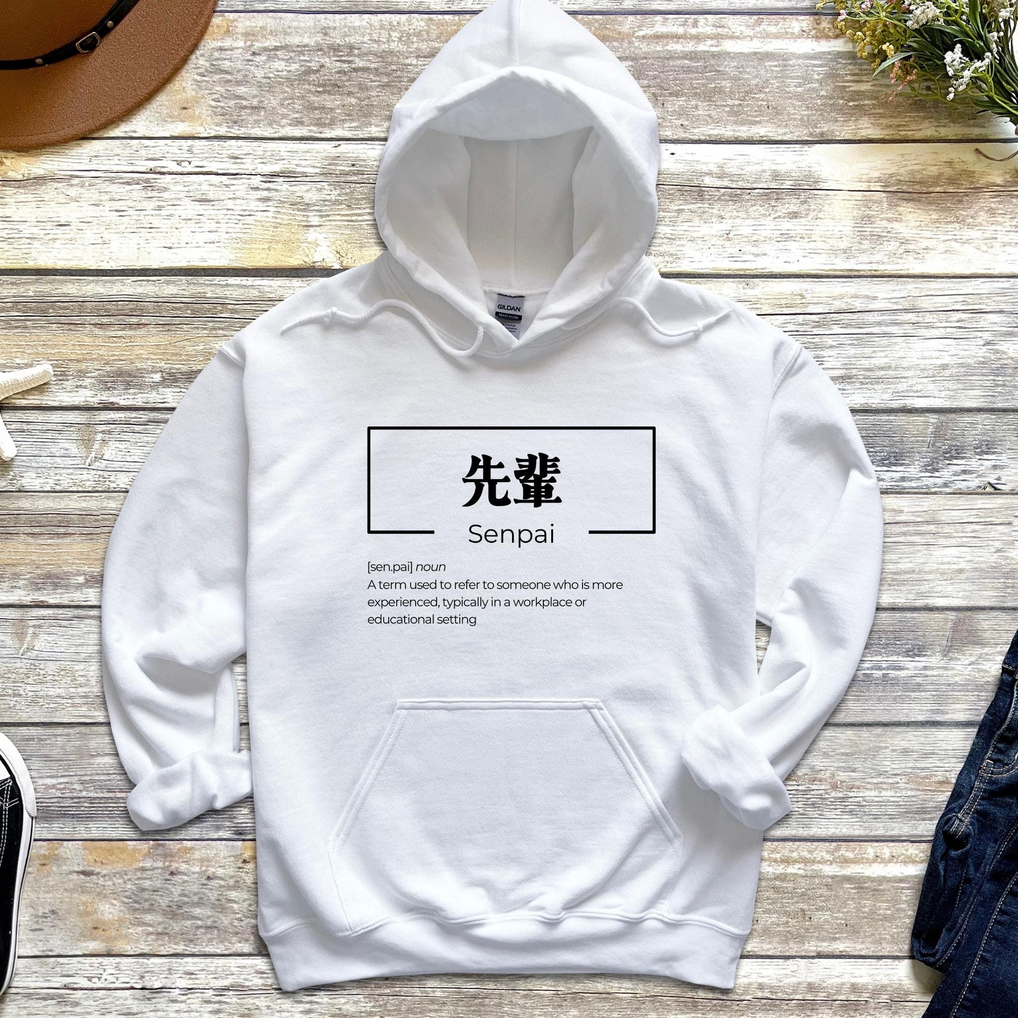 a white hoodie with the words sempai printed on it