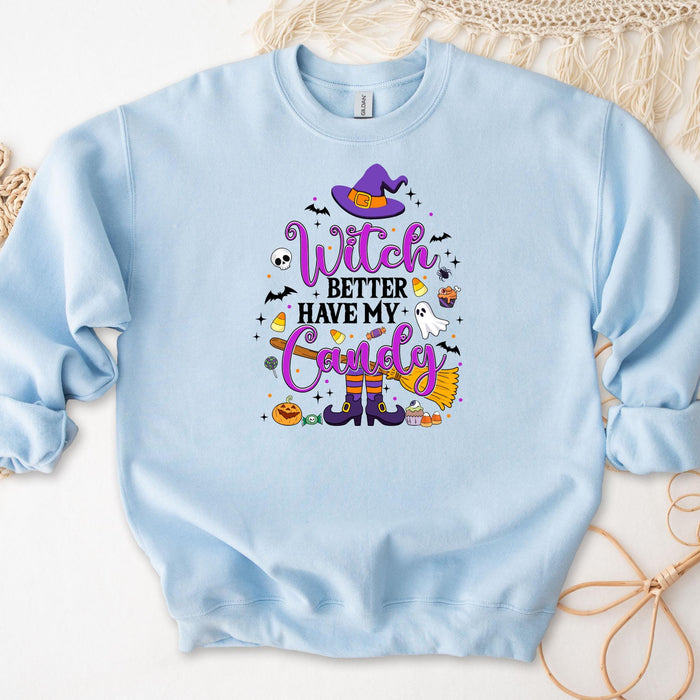 a blue sweatshirt with a witch saying on it