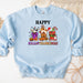a blue sweatshirt with a happy halloween design on it