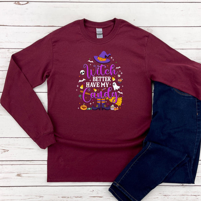 a long sleeve shirt that says witch better have my candy