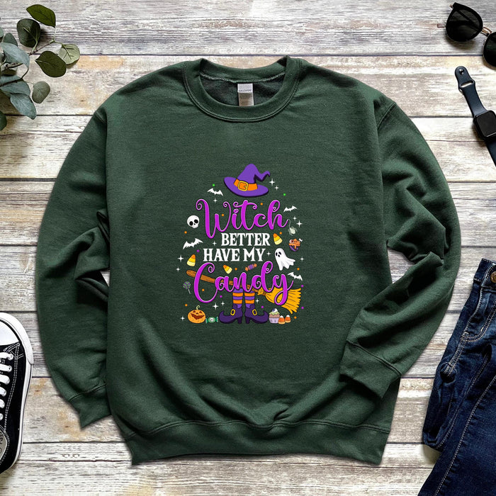 a green sweatshirt that says witch better have my candy