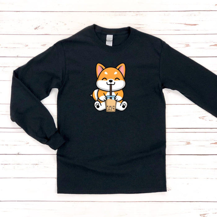 Puppy Drinking Boba Tea Long Sleeve Shirt