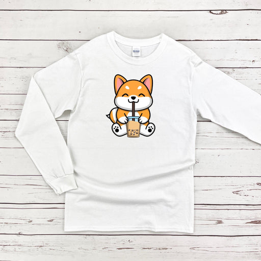 a white shirt with a cartoon fox holding a drink