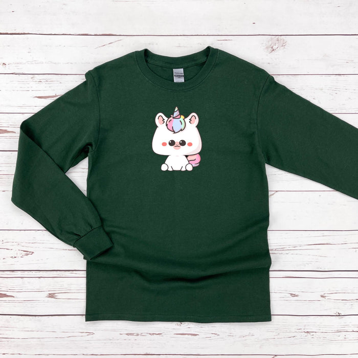 a green sweatshirt with a unicorn on it