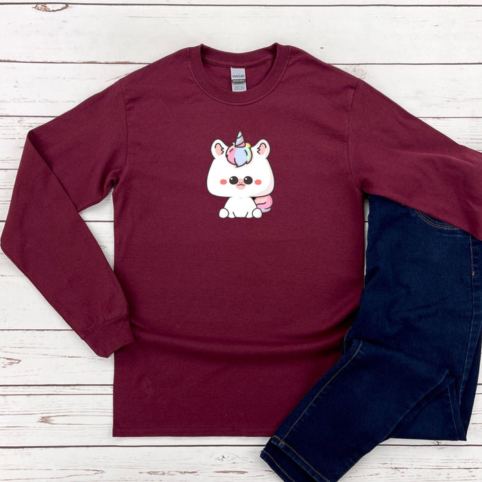 a maroon shirt with a unicorn on it