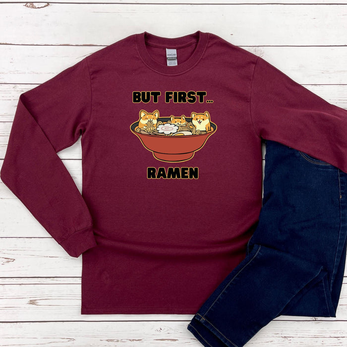 a maroon shirt that says but first, ramen