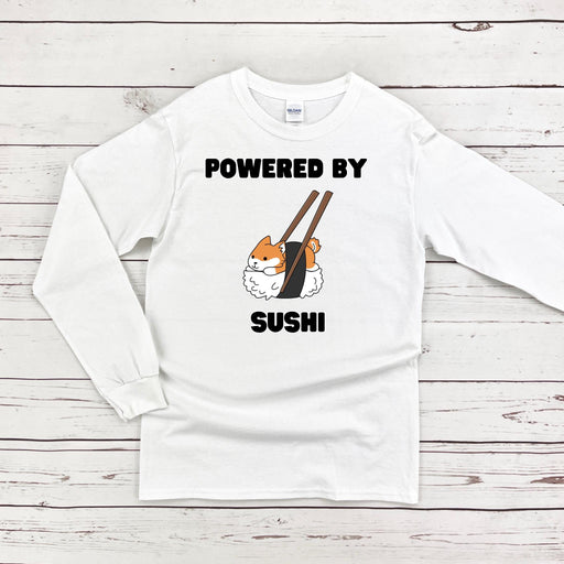 a white long sleeved shirt with a picture of a cat holding a sushi