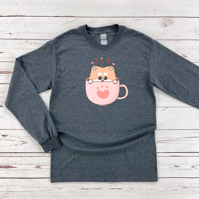 a gray shirt with a cat in a cup on it