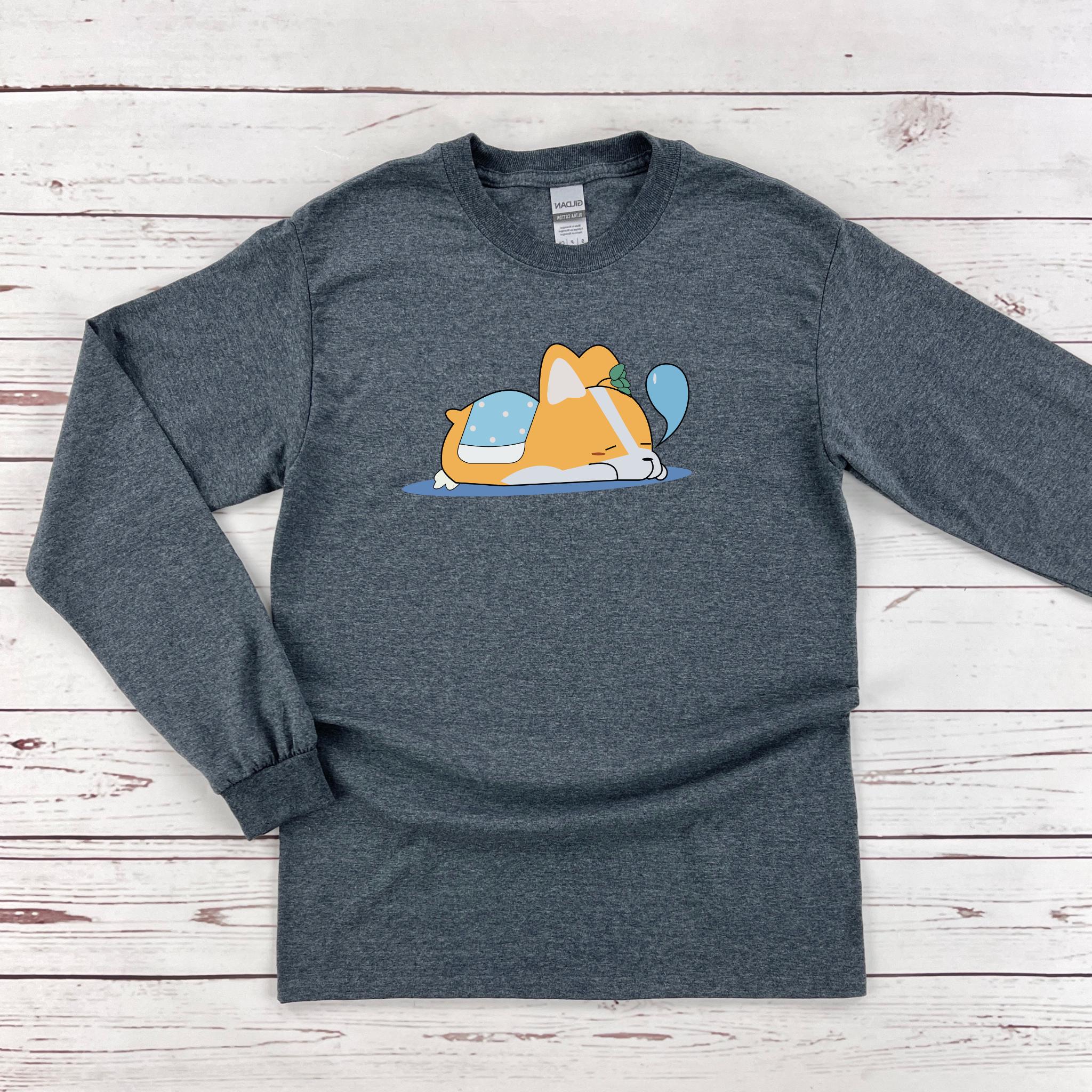 a gray long sleeve shirt with a cartoon cat on it