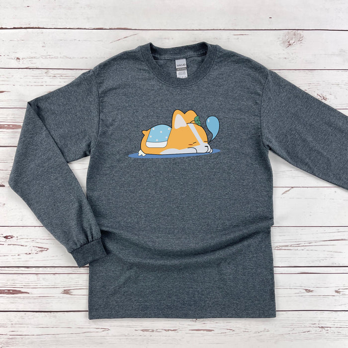 a gray long sleeve shirt with a cartoon cat on it