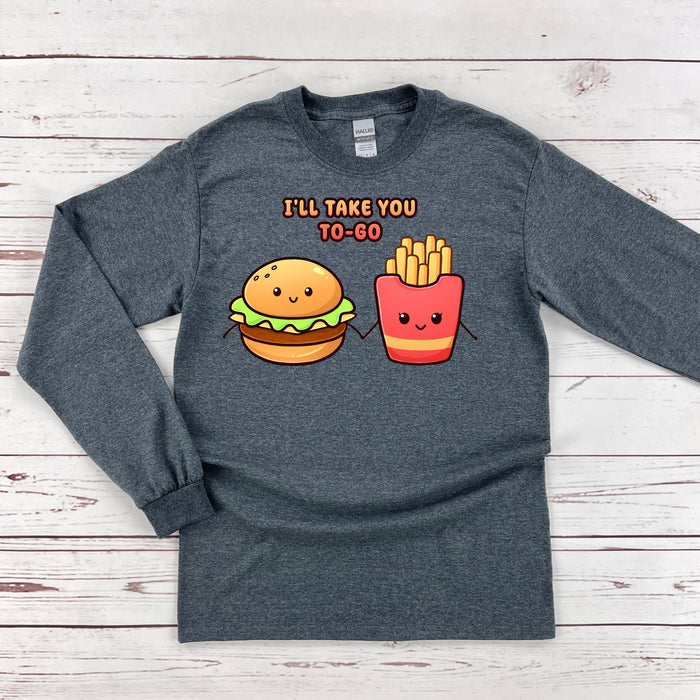 a gray shirt with a hamburger and fries on it