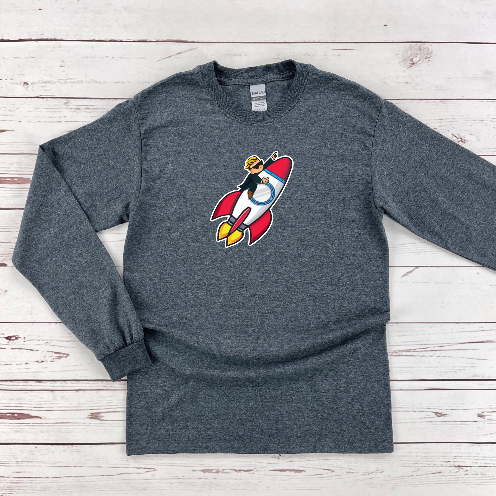 a gray shirt with a rocket ship on it