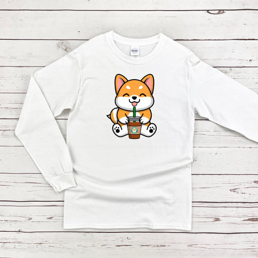 a white shirt with a cartoon fox holding a cup of coffee