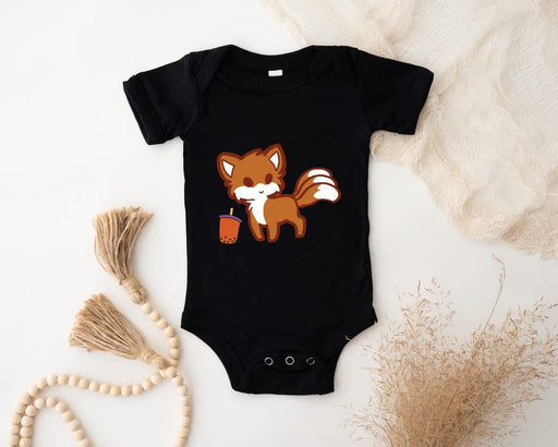 a baby bodysuit with a picture of a fox on it