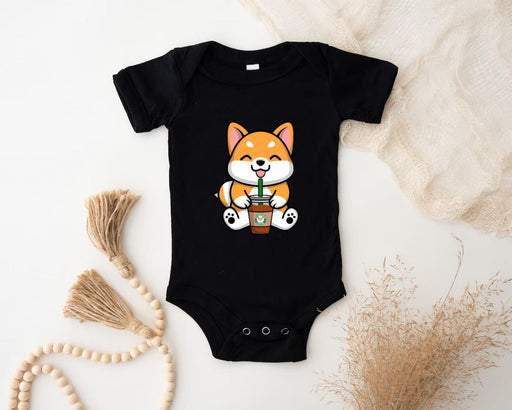 a baby bodysuit with a picture of a dog holding a drink