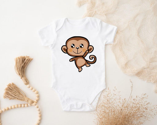a baby bodysuit with a cartoon monkey on it