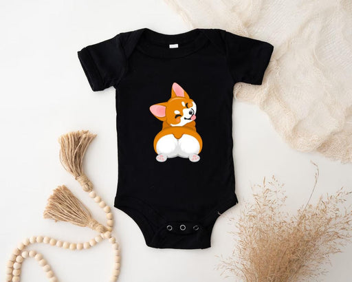 a baby bodysuit with a corgi dog on it