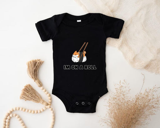 a baby bodysuit with a picture of two cats holding chopsticks