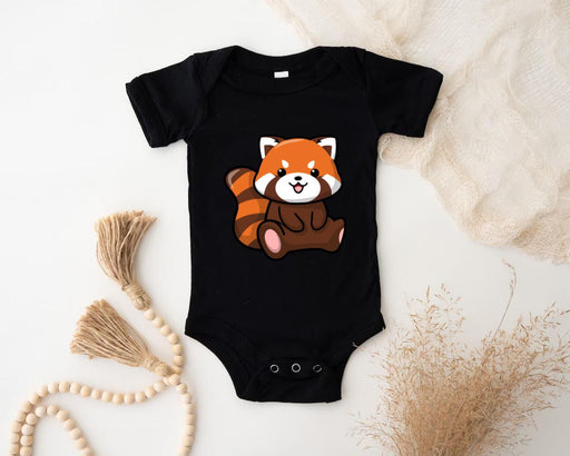 a baby bodysuit with a red panda bear on it