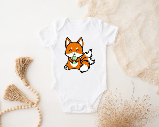 a baby bodysuit with a picture of a fox on it