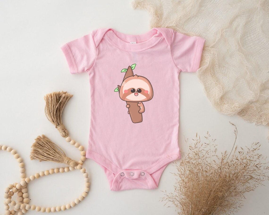 a pink baby bodysuit with a slotty on it