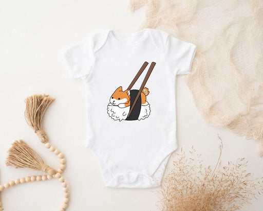 a white bodysuit with a picture of a cat holding chopsticks